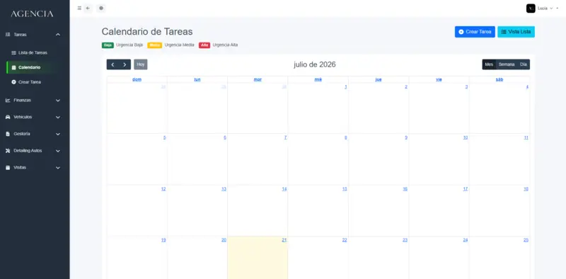 Calendario de tareas de Tablero con urgencia baja, media y alta, y botones para crear una tarea o ver la lista