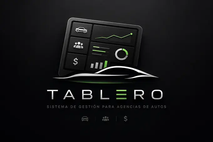 Tablero, sistema de gestión para agencias de autos: logo sobre fondo oscuro con un panel de control y un auto